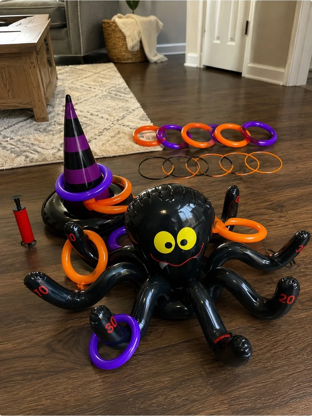 Inflatable Octopus Ring Toss Game - Black with Orange & Purple Rings